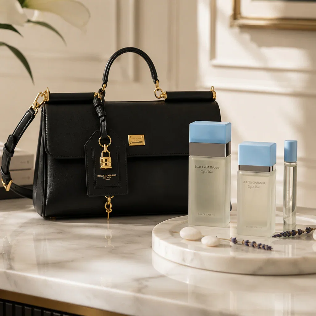Black Dolce & Gabbana handbag with gold hardware displayed next to Light Blue fragrance bottles and accessories on marble surface.