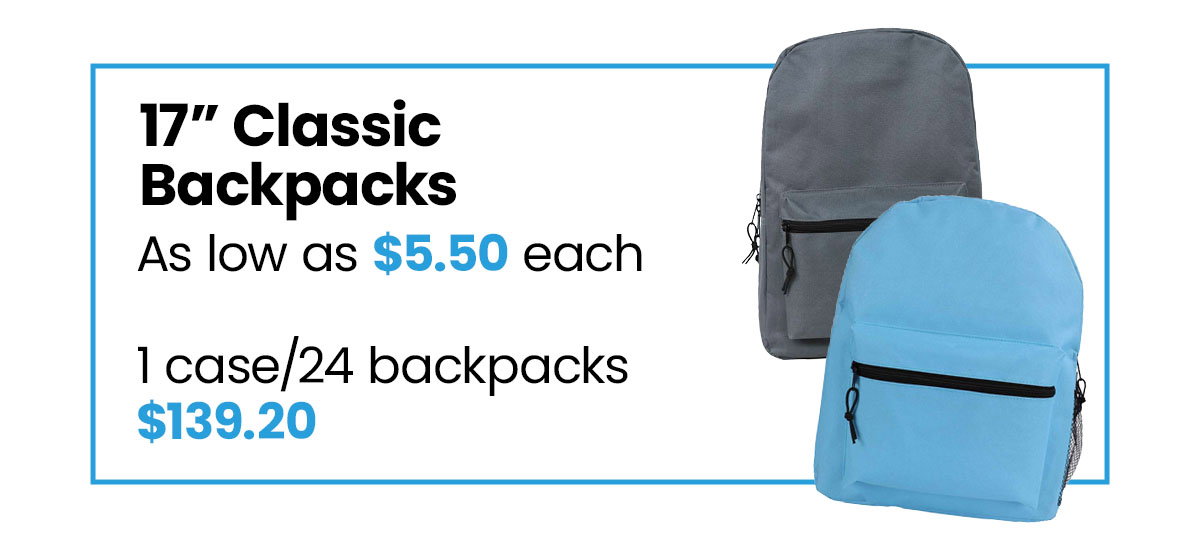 17 inch classic backpacks as low as $5.50 each.