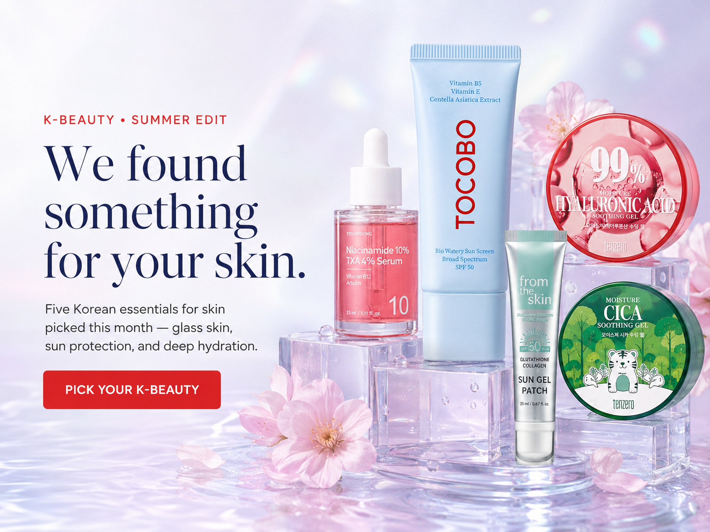 K-Beauty Summer Edit — five Korean skincare essentials on glass ice cubes with cherry blossoms