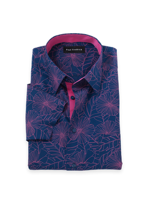 Non-Iron Cotton Floral Short Sleeve Dress Shirt With Contrast Trim - Navy/pink-Classic Fit / 17