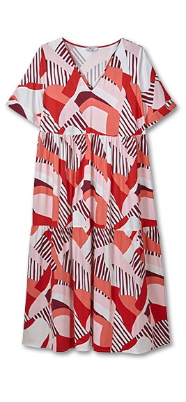 Die Abbildung zeigt ein erdbeere-koralle-bedrucktes A-Linien-Kleid mit grafischem Alloverprint