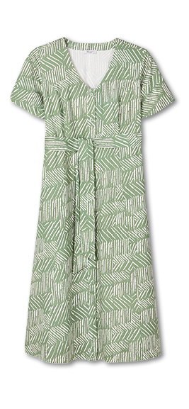 Die Abbildung zeigt ein eucalyptus-ecru-bedrucktes Maxikleid mit Alloverprint