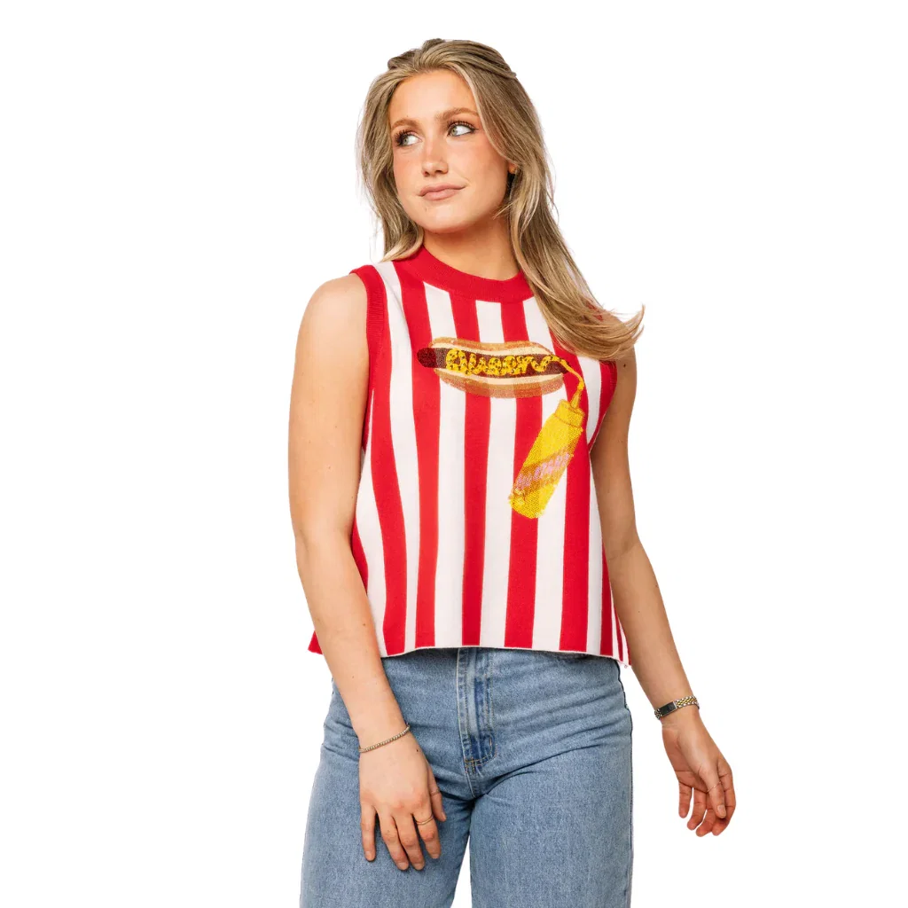 Image of Red & White Striped 'Queen' Mustard on Hot Dog Knit Tank