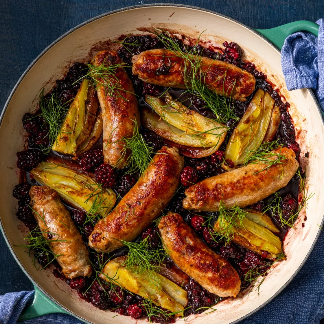 Jammy Skillet Sausages with Blackberries and Fennel