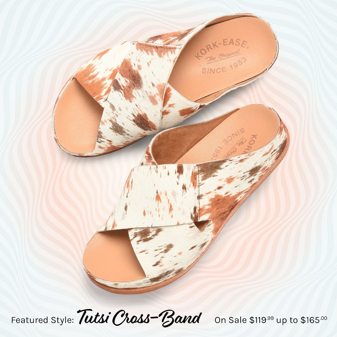 Featured style: Tutsi Cross-Band slide sandal in brown and white calf hair. On sale $119.99 up to $165.00
