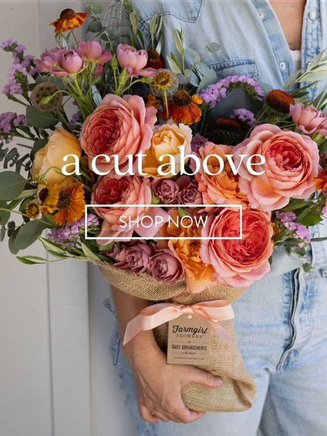 A person in a denim shirt holds a lush burlap-wrapped bouquet of garden roses in coral, peach, and pink. Text reads: 