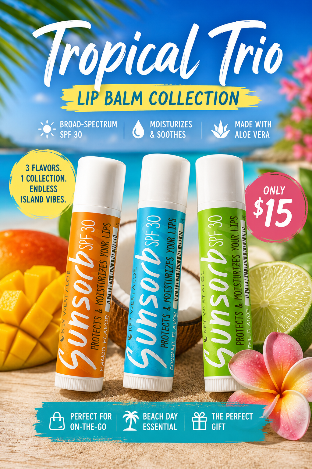 Tropical image featuring Sunsorb Mango, Coconut, and Key Lime lip balms.