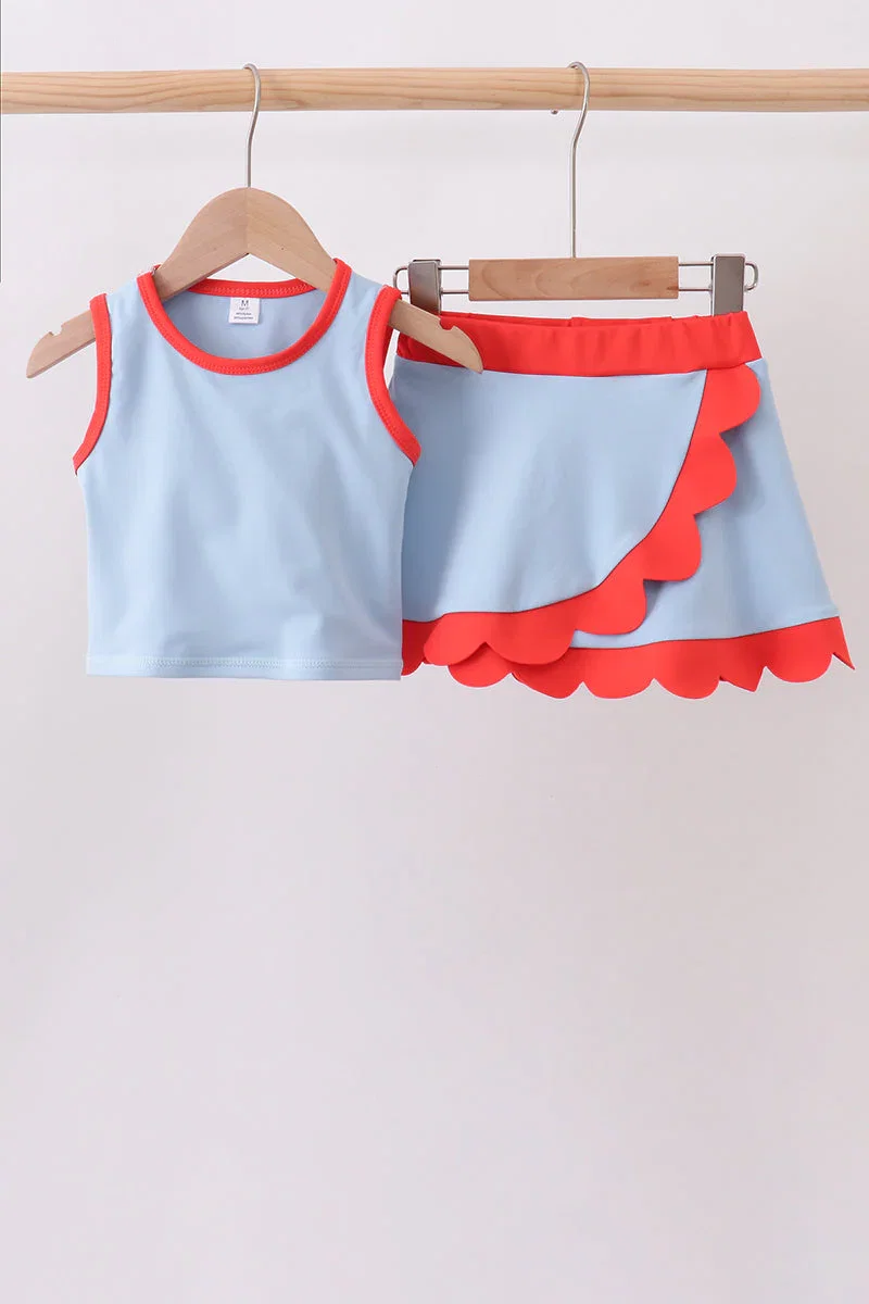 Image of Blue scalloped active skorts set