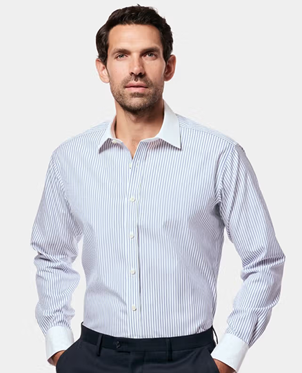 Classic Fit Blue & White Bi Stripe Non-Iron Shirt - Contrast Detail