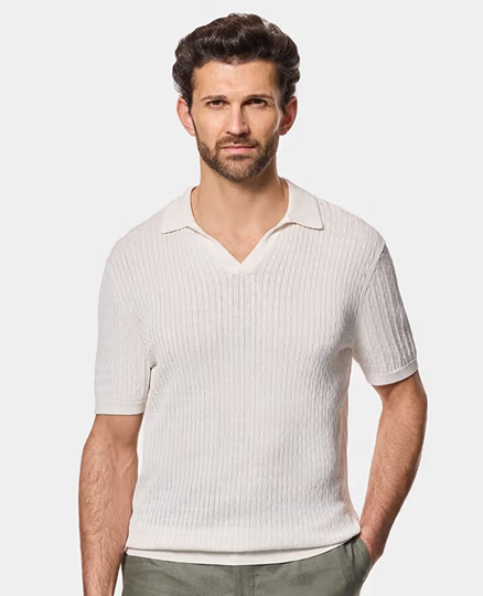 Cream Premium Cable Knit Polo Shirt – Short Sleeve