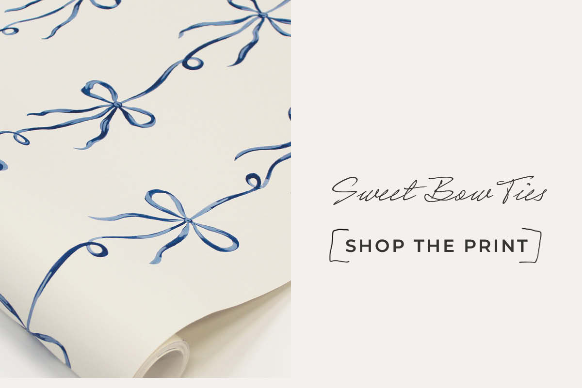 Image of a roll of Tempaper's Sweet Bow Ties wallpaper next to a text box with "Sweet Bow Ties. Shop the Print"