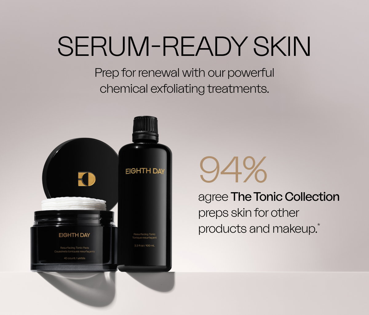 Serum-Ready Skin Prep for renewal with our powerful chemical exfoliating treatments.  94%  agree The Tonic Collection preps skin for other products and makeup.*