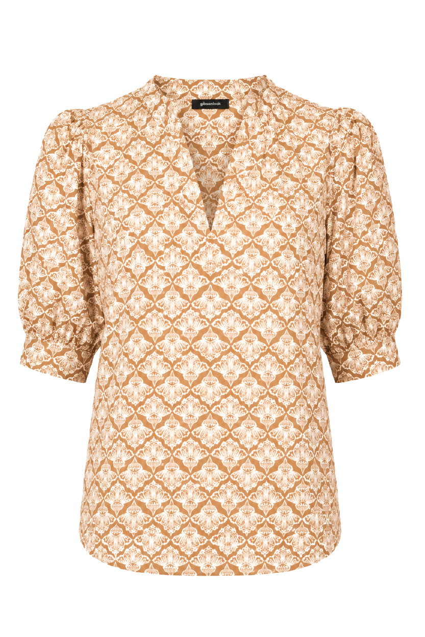 Notch Neck Pullover Puff Sleeve Blouse