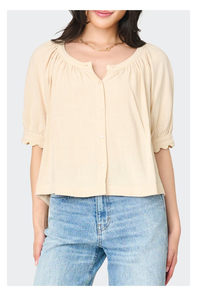  Lily Scallop Puff Sleeve Linen Top