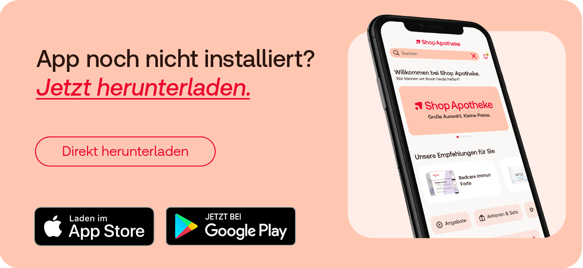 App-Download für die Shop Apotheke mit Download-Button sowie App Store und Google Play.