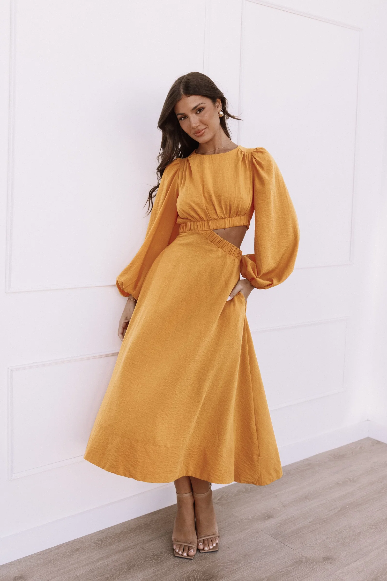 Image of Ginnee Puff Sleeve Cutout Midi Dress - Mustard