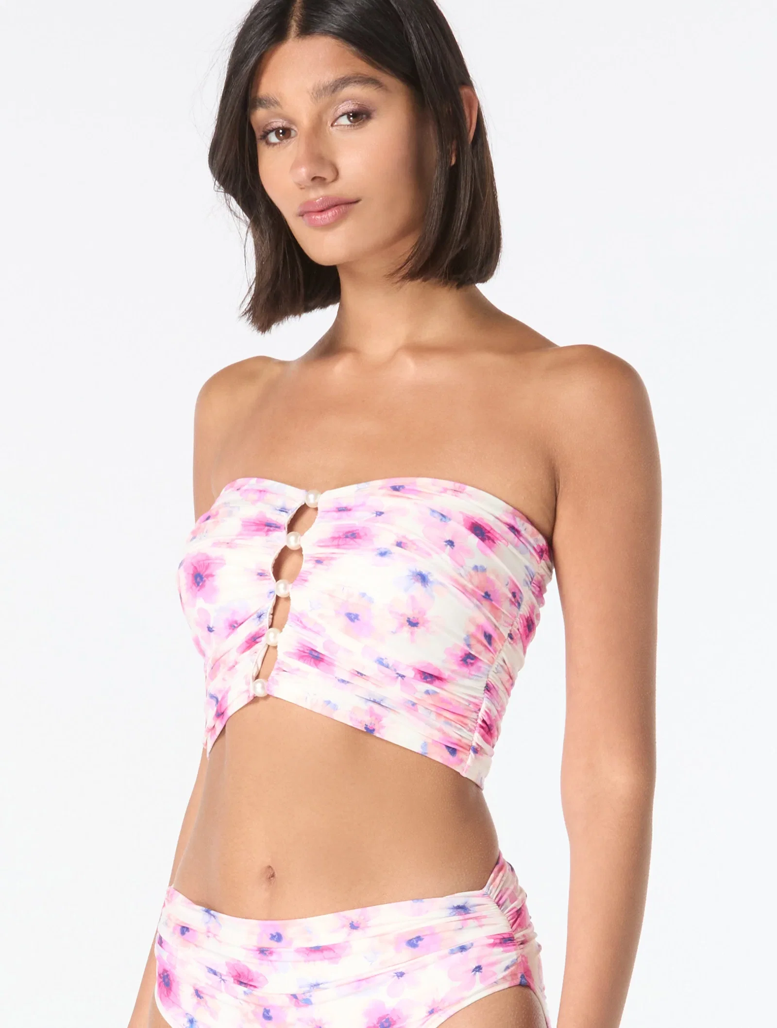 Image of Carmen Marc Valvo Beaded Bandeau Shirred Bikini Top - Floral Escape