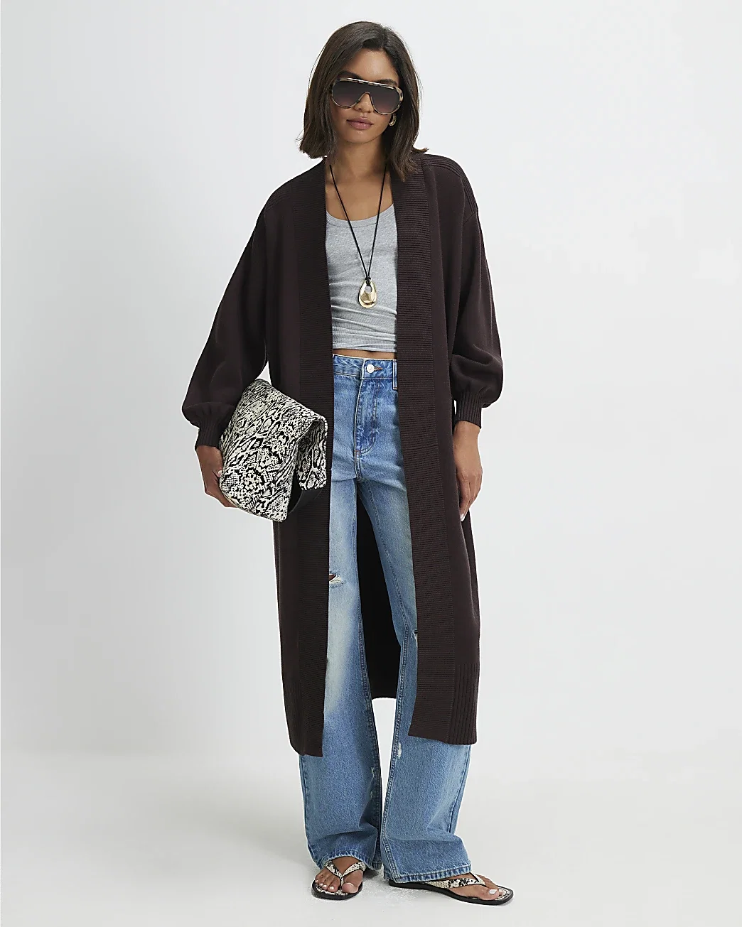 Womens Brown Cotton Mixed Rib Knit Maxi Cardigan