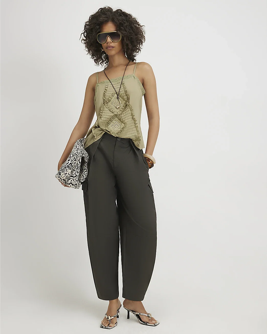 Womens Khaki Twill Pleat Front Barrel Leg Trousers