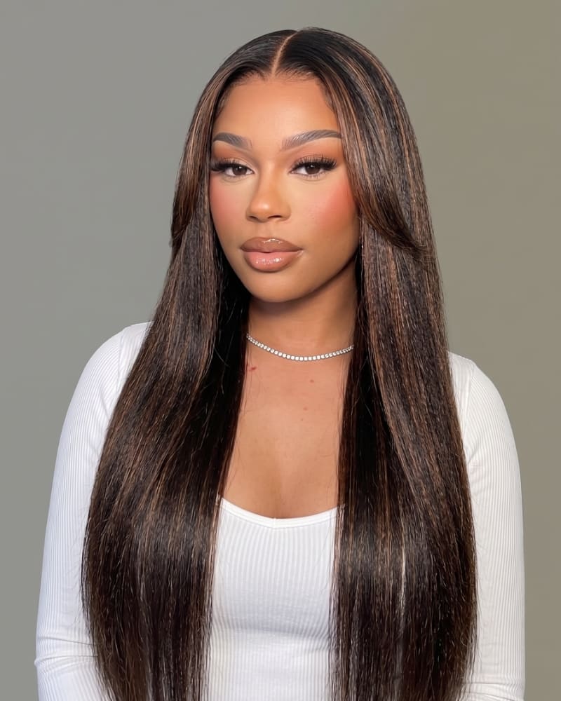 Arabella 6x5 invisible knots Glueless Auburn Highlights on Black Hair Body Wave Wig Invisible Knots Realistic Hairline