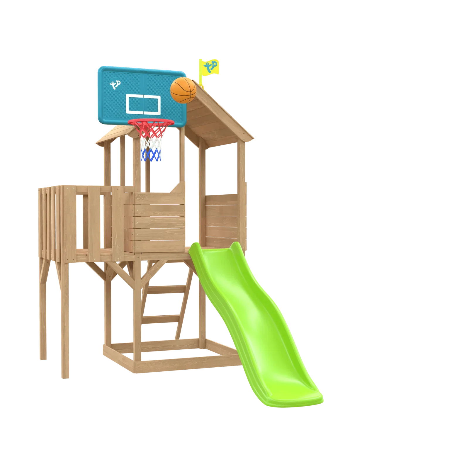 Image of Treehouse Wooden Play Tower, with Wavy Slide, Wooden Balcony & Basketball Hoop - FSC® certified