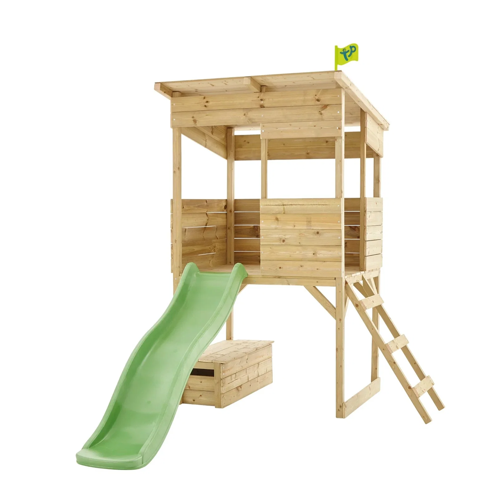 Image of TP Treetops Wooden Tower Playhouse with Toy Box and Slide - FSC® certified