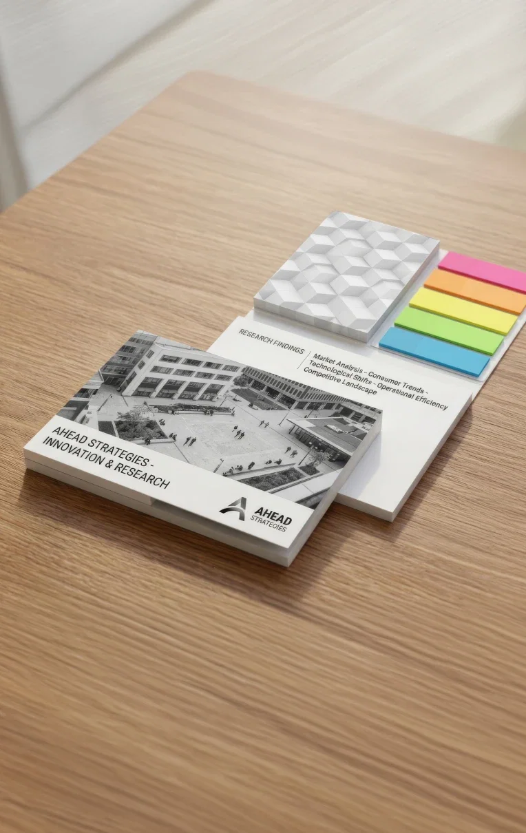 Due pile di post-it su una superficie di legno: una con una foto in bianco e nero di un edificio e del testo, l’altra con segnalibri colorati e un motivo geometrico