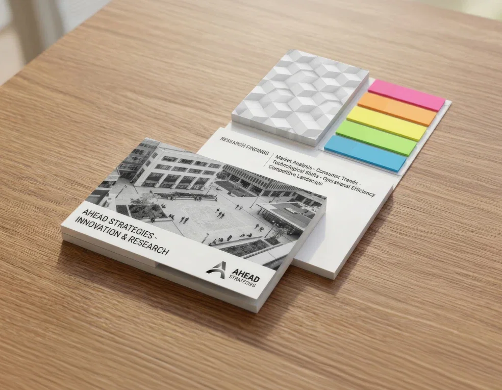 Due pile di post-it su una superficie di legno: una con una foto in bianco e nero di un edificio e del testo, l’altra con segnalibri colorati e un motivo geometrico
