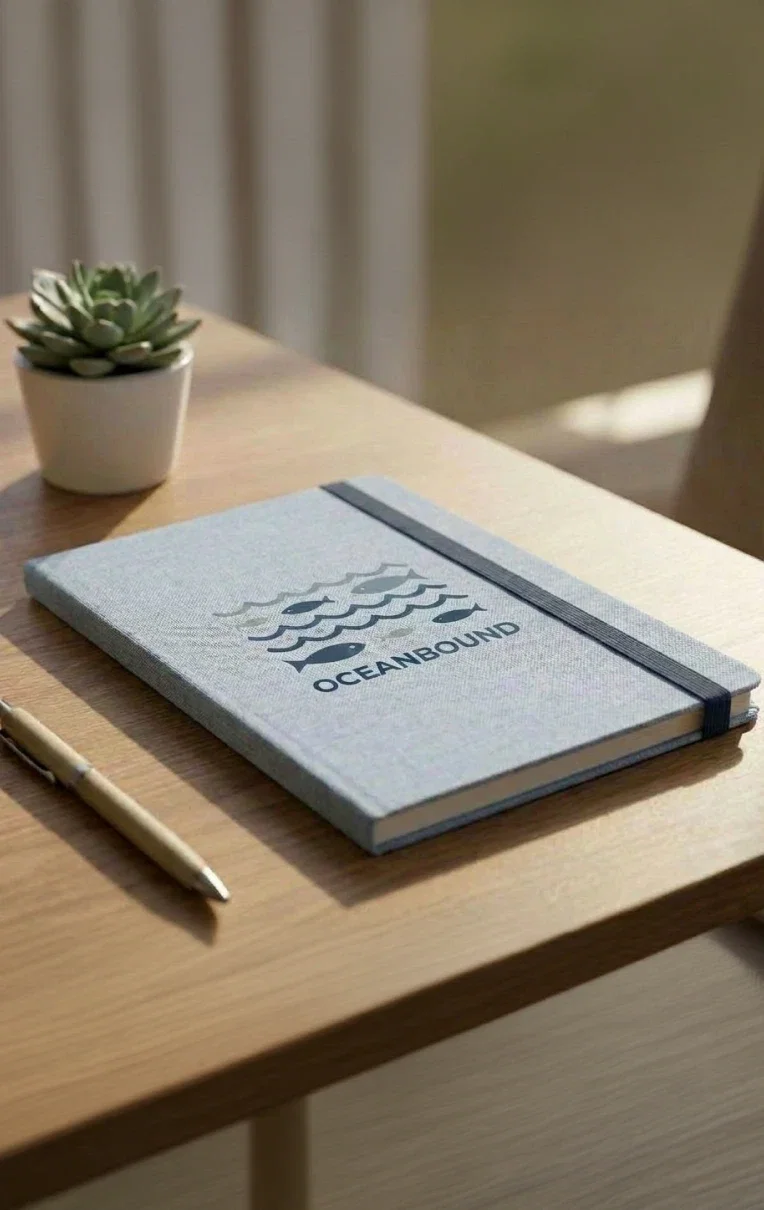Taccuino grigio chiuso con motivo a onde e la scritta “OCEANBOUND” su un tavolo di legno, accanto a una penna e a una piccola pianta grassa in vaso