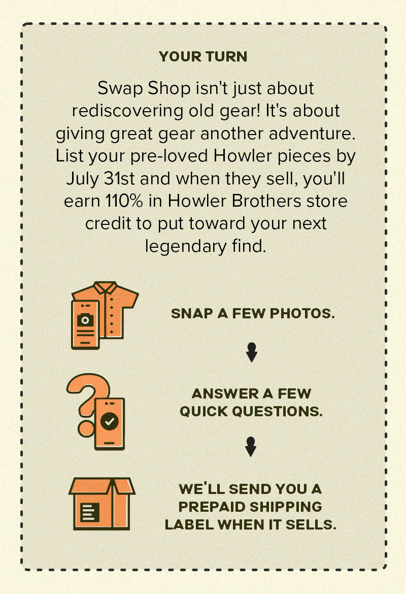 Swap Shop isn't just about rediscovering old gear! It's about giving great gear another adventure. List your pre-loved Howler pieces by July 31st and when they sell, you'll earn 110% in Howler Brothers store credit to put toward your next legendary find.