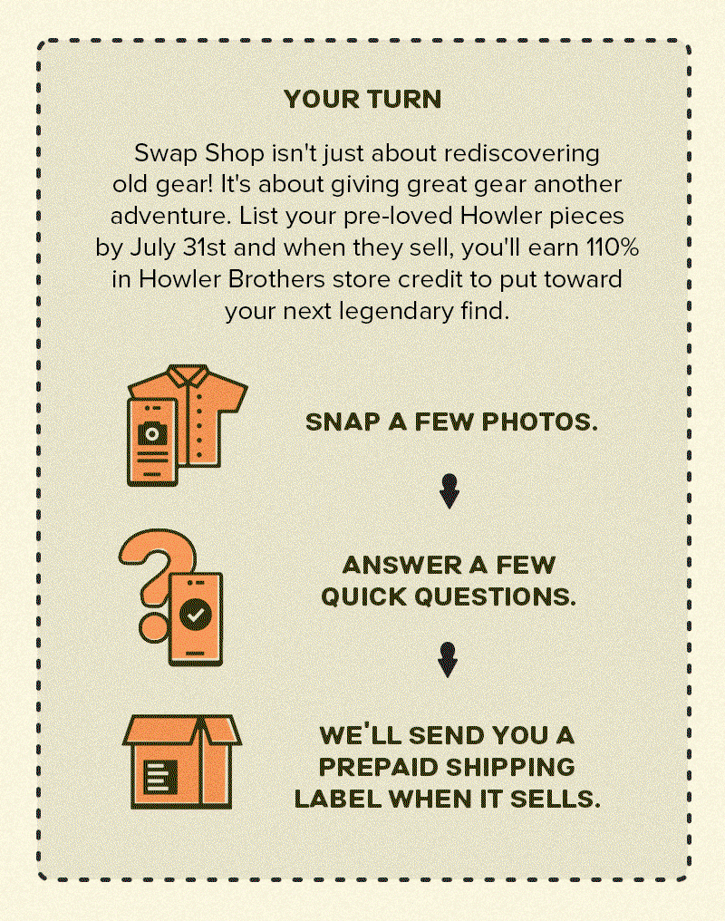 Swap Shop isn't just about rediscovering old gear! It's about giving great gear another adventure. List your pre-loved Howler pieces by July 31st and when they sell, you'll earn 110% in Howler Brothers store credit to put toward your next legendary find.