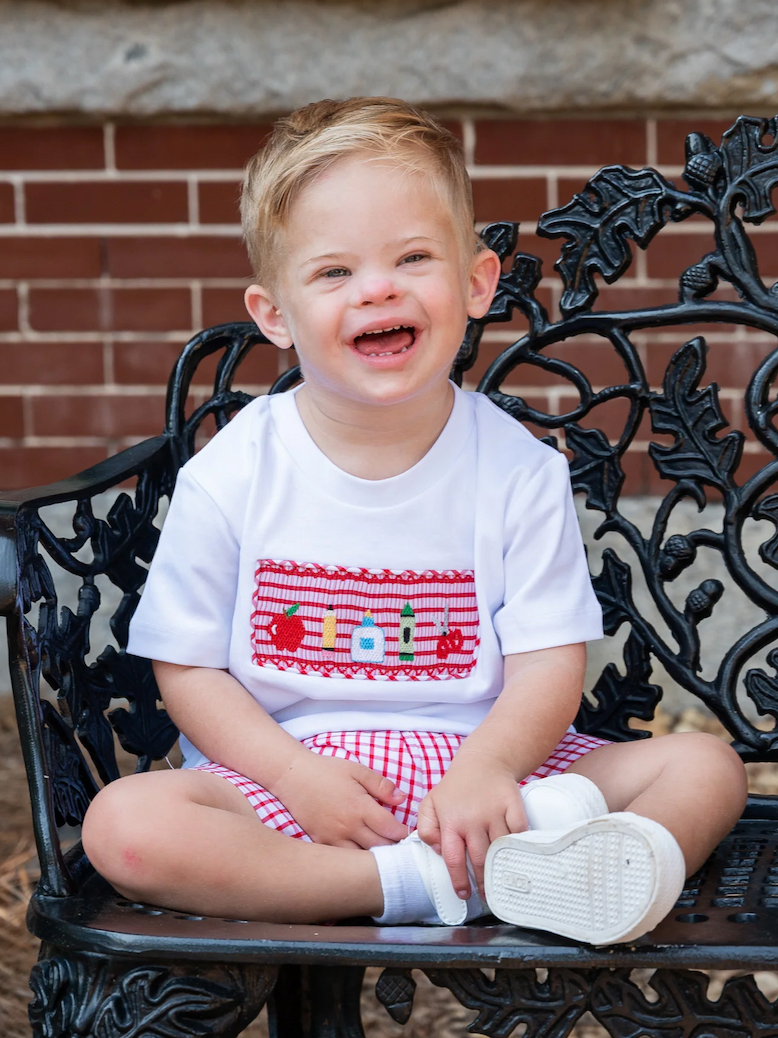 School Supplies Smocked Red Windowpane Shorts Set