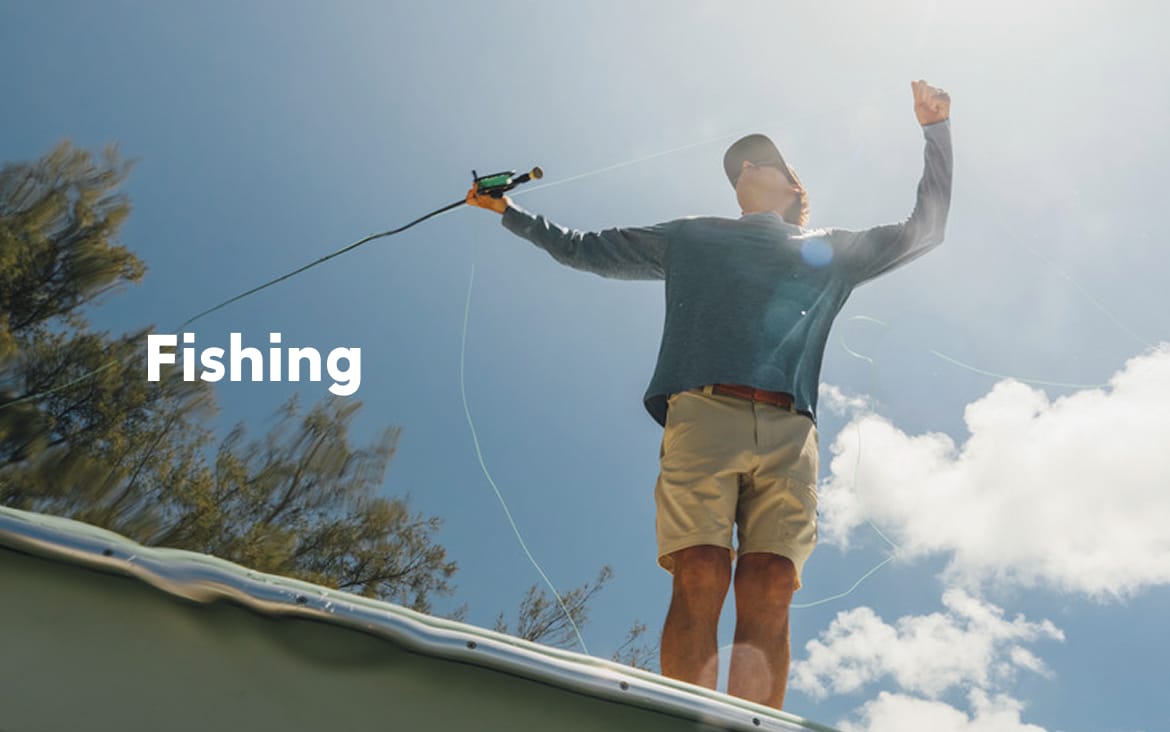An angler holding a rod on a boat with text: Fishing
