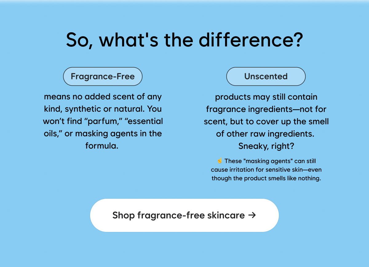 So, what's the difference?   FRAGRANCE-FREE  means no added scent of any kind, synthetic or natural. You won't find "parfum," "essential oils," or masking agents in the formula.  UNSCENTED  products may still contain fragrance ingredients: not for scent, but to cover up the smell of other raw ingredients. Sneaky, right?  these "masking agents" can still cause irritation for sensitive skin, even though the product smells like nothing.  Shop fragrance-free skincare →