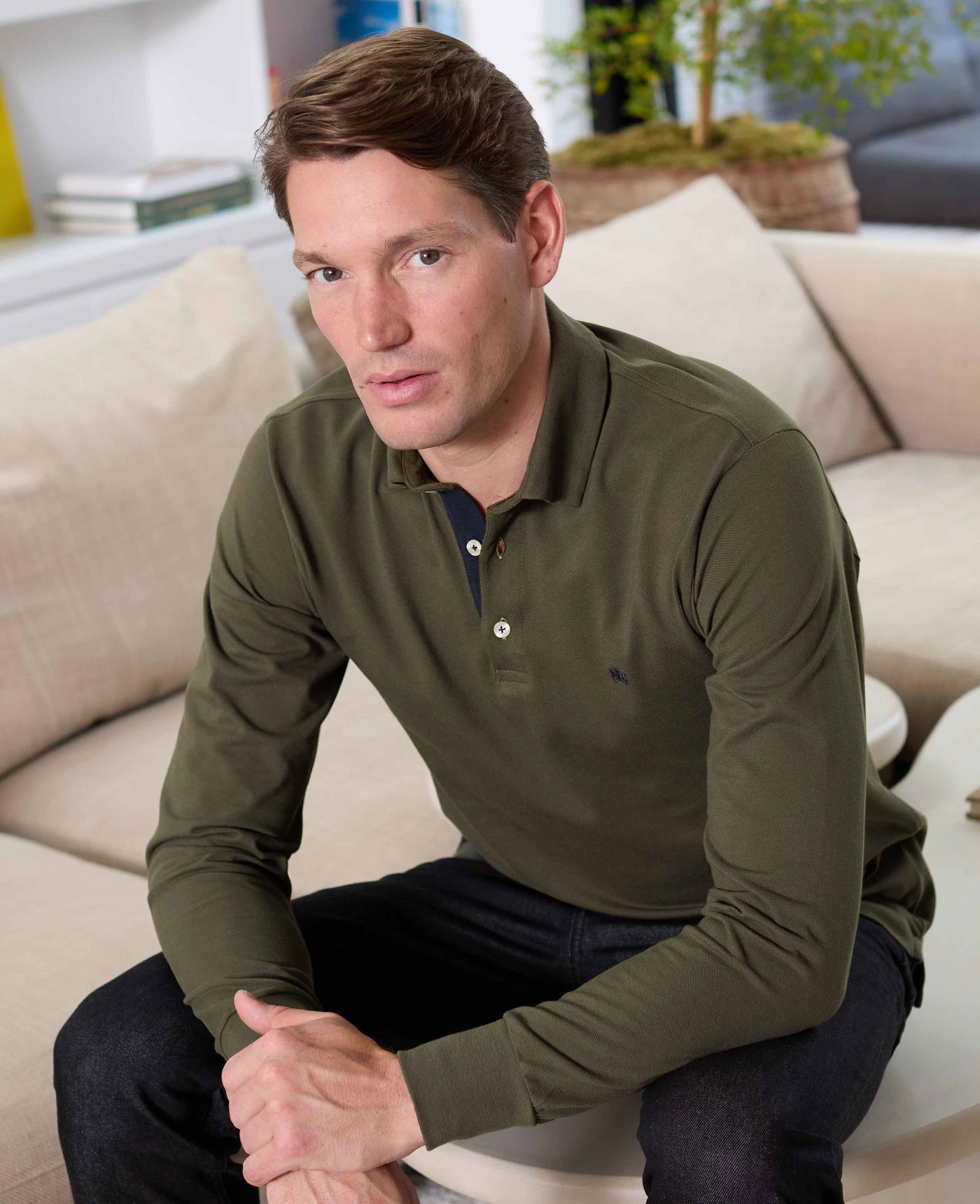 Image of Khaki Cotton Pique Long Sleeve Polo Shirt