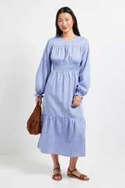Petite Shirred Bodice Tiered Stripe Midi Dress