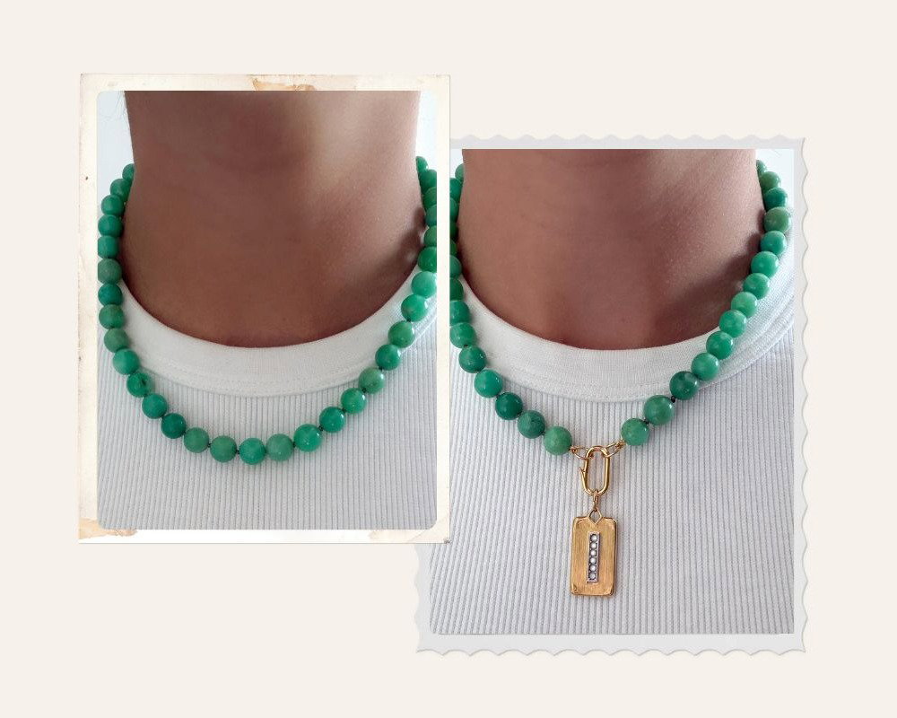 Chrysoprase Gemstone Strand without and charm, and with Amor Fati Charm worn on the clip
