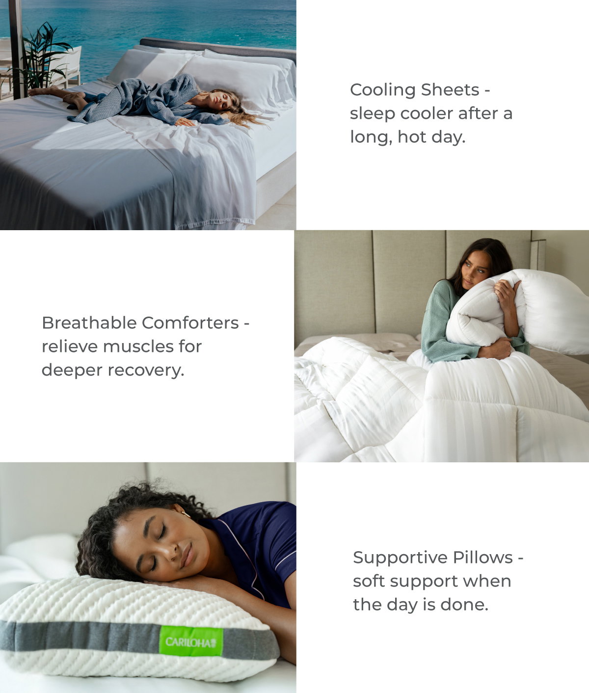 Sheets, Comforters, Pillows, and more! All part of a deeper, better sleep.