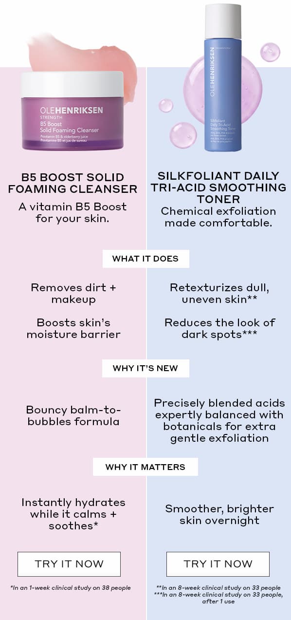 B5 BOOST SOLID FOAMING CLEANSER. SILKFOLIANT DAILY TRI-ACID SMOOTHING TONER.