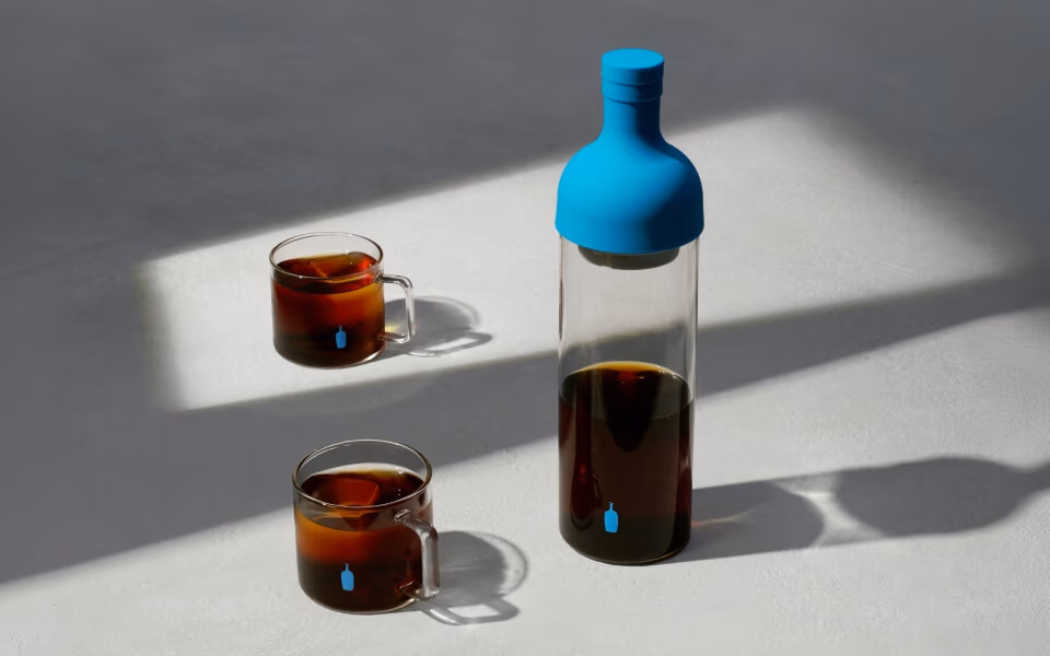 Image of coffee in glasses and bottle.