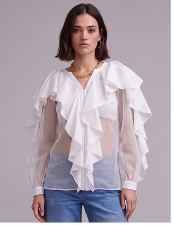 White Sheer Net Shirt With Cascading Ruffle Details