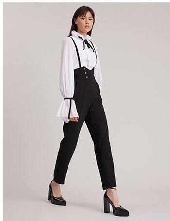 White Poplin Ruffled Blouse With Black Ribbon Ties at the Neck and Cuffs