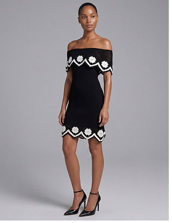 Black and White Floral Motif off the Shoulder Midi-Dress