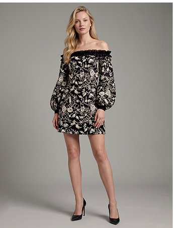 Black & White Floral Off-The-Shoulder Mini Dress