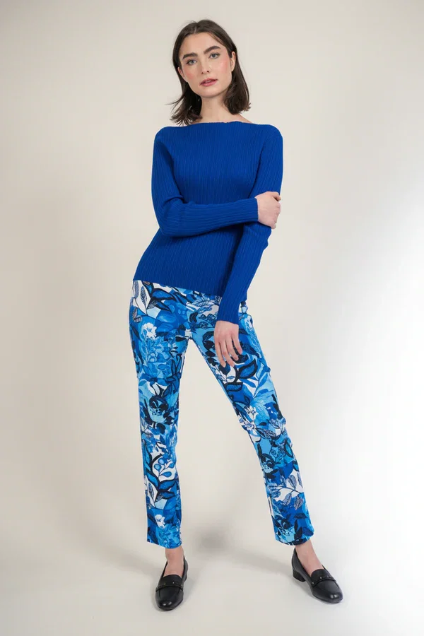 Floral Blue Black Print 28" Slim Ankle Pant