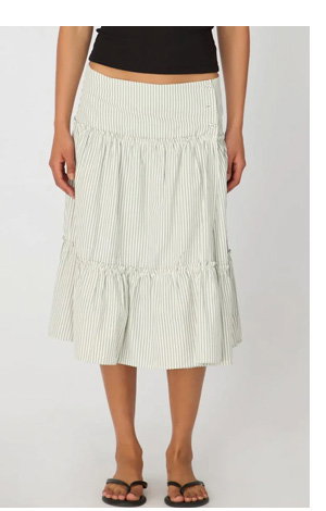 White Stripe Midi Skirt Low Rise Button Details Tiered