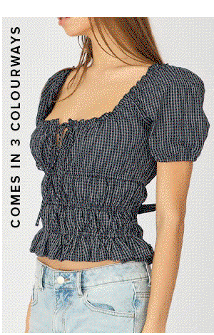 Brown Check Frill Ruched Blouse Short Sleeve