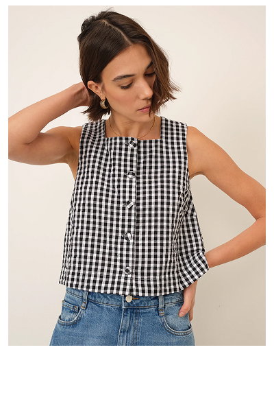 Black Gingham Button Front Top