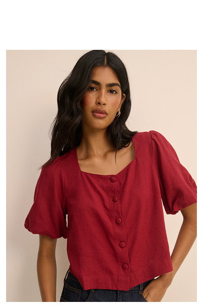 Red Linen-Blend Puff Sleeve Sammie Top