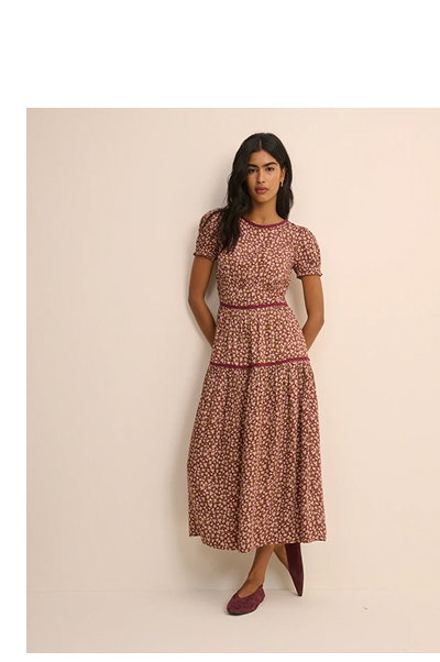 Burgundy Floral Tiered Dara Midi Dress
